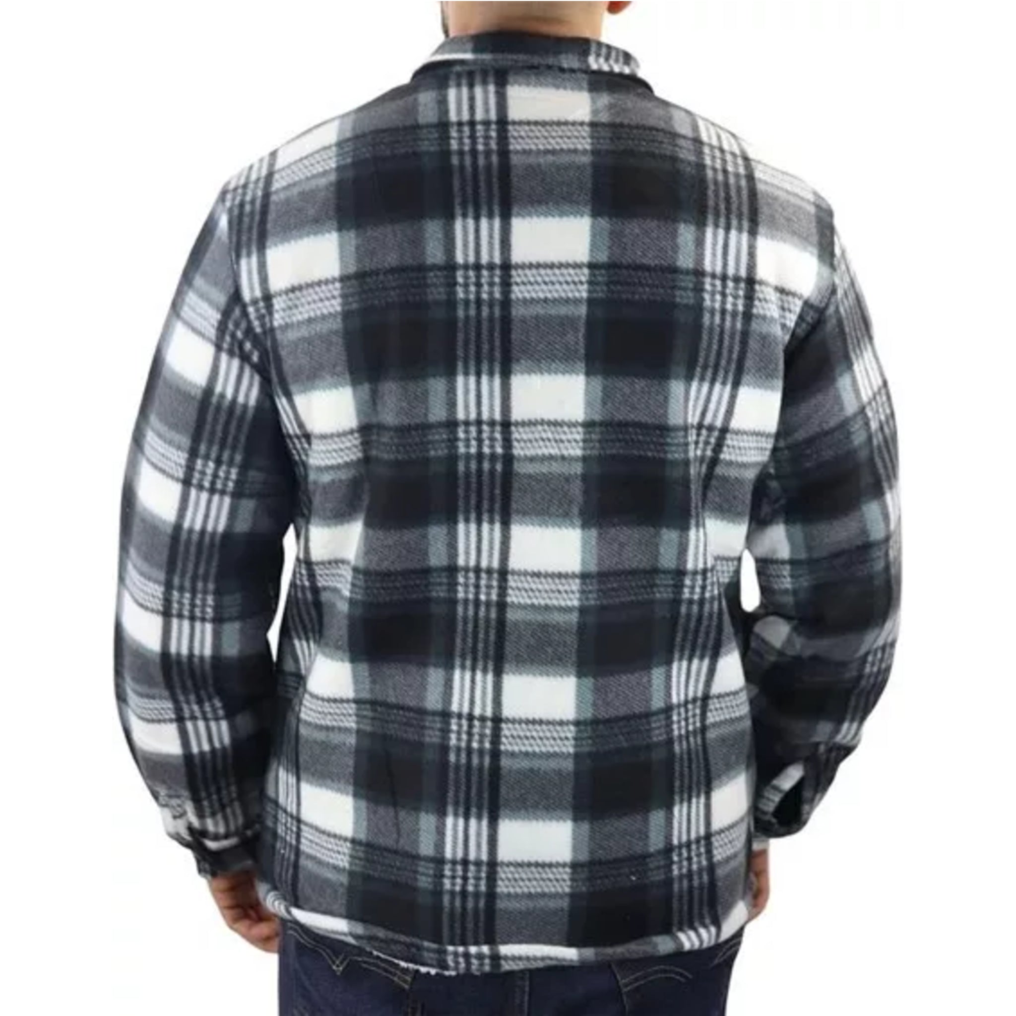 Men's zipped check fleece shirt in green, black and white plaid pattern, warm long sleeve overshirt with chest pockets